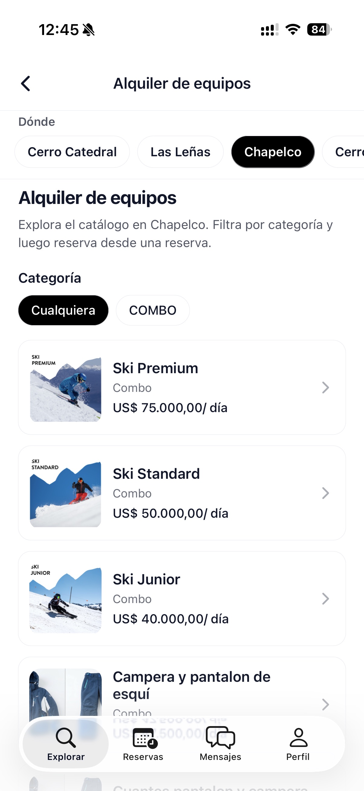 Pantalla de la app de SnowMatch para reservar alquiler de ski, válido para Chapelco y Lago Hermoso